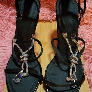 Elegant Black Strappy Heels with Crystal Accents